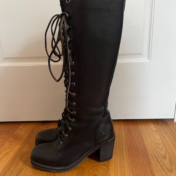 Frye Lace Up Tall Black Leather Combat Boots - 5.5 - Picture 4 of 12